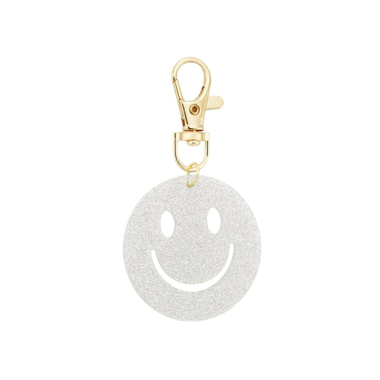 (per stuk) Bag charm en sleutelhanger smiley wit - 4,6x8,5cm