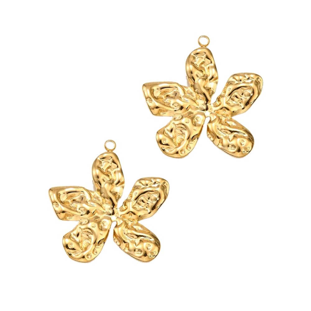(per stuk) Roestvrij stalen (RVS) bedel bloem goud met structuur - 30x28mm