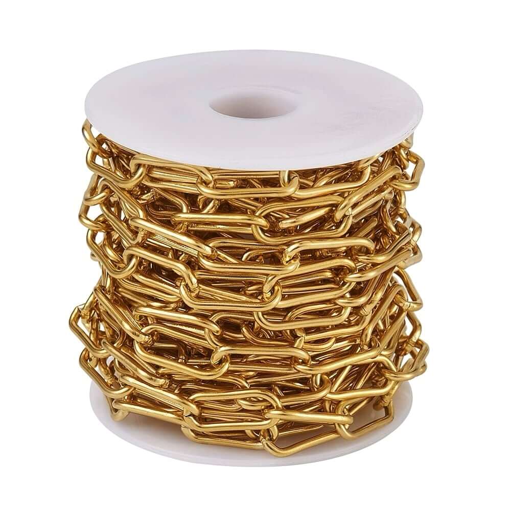 Gouden roestvrijstalen paperclipkettingklos met 18K plating, 17x7mm schakels, ideaal voor het maken van allergievrije sieraden.
