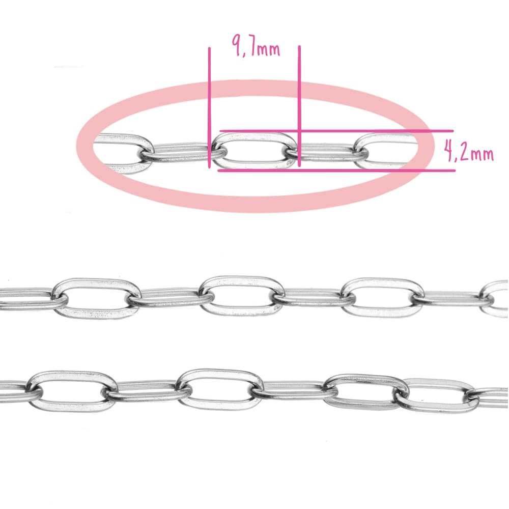 Roestvrijstalen paperclipketting, zilver, 9,7x4,2mm, hypoallergeen, verkocht in lengtes van 20cm.