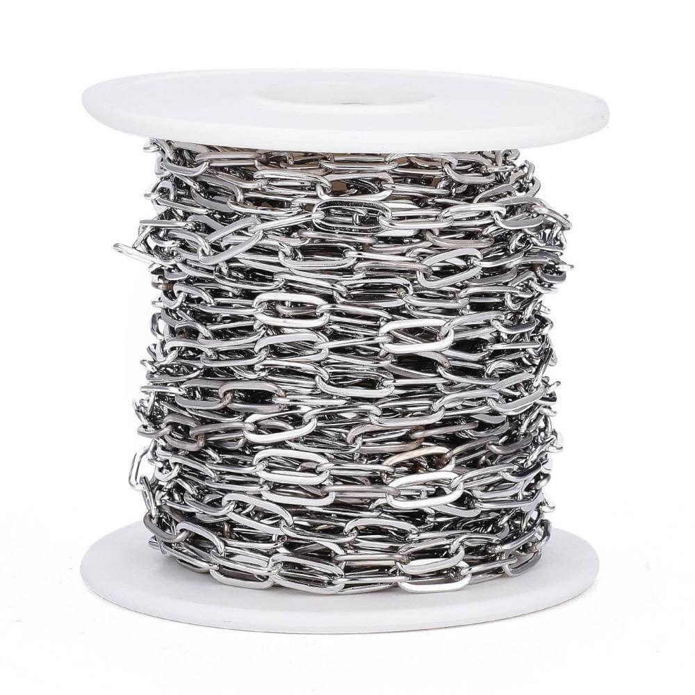 Zilveren roestvrijstalen paperclipkettingklos, 9,7x4,2mm schakels, allergievrij, duurzaam, verkocht per 20cm - perfect voor knutselen en sieraden maken.