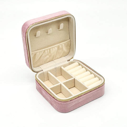 (per stuk) Velvet sieraden opbergdoosje roze - 10x10x5 cm