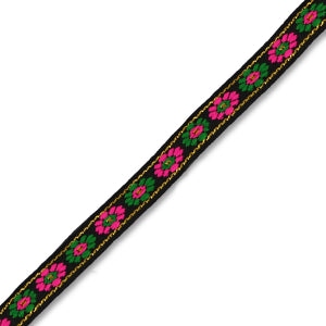 (per meter) Bloemen lint zwart groen roze - 10mm