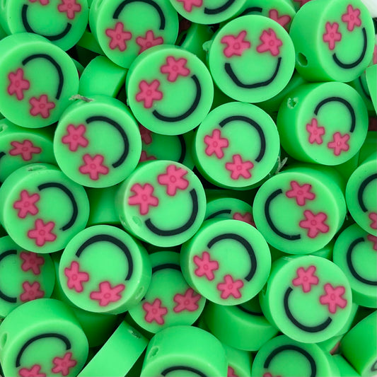 5 stuks Polymeer smiley bloem groen - 10mm