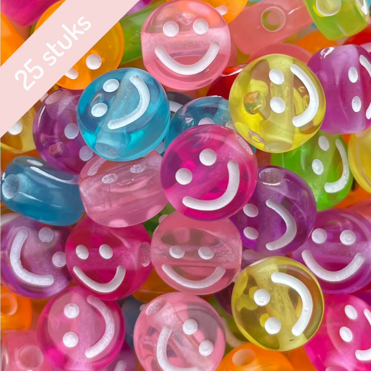 25 stuks Smiley kralen transparant verschillende kleuren - 9mm